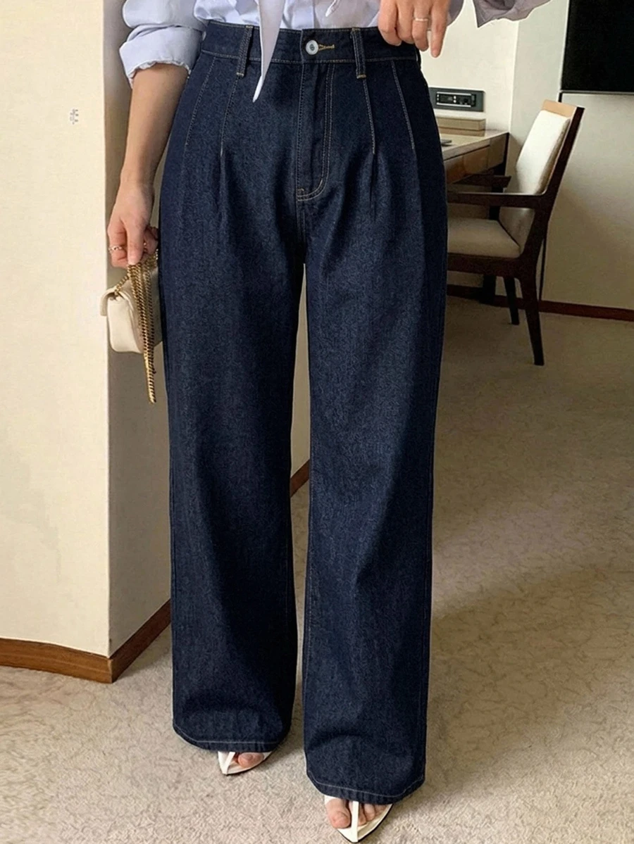 Dazy Plus High Waist Washed Blue Pleated Wide Leg Jeans, Loose Fit Versatile Long Pants, All Season Style Going Out Office Casual Fall - Dark Wash - View 1