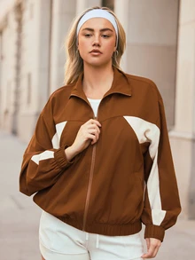 Voyena Women's Plus Size Colorblock Dropped Shoulder Long Sleeve Zip-Up Sports Jacket Fall - Coffee Brown - View 1