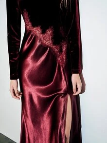 MOTF PREMIUM VELVET LACE SATIN PATCHWORK SLIT DRESS - Burgundy - View 2