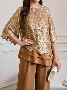 Amorya 女款圓領上衣與長褲休閒日常兩件套 - 卡其色 - 查看 3