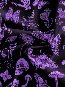 ROMWE Goth 神秘女巫哥德宮廷暗黑骷髏蛾植物蝴蝶結蘑菇葉片大尺碼全印花寬鬆寬腿褲 - 黑色 - 查看 5