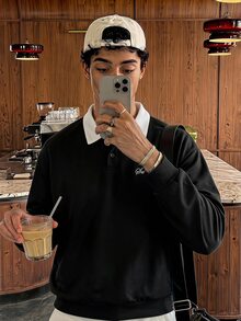 SWAVVY 男士針織時尚日常年輕休閒寬鬆長袖半拉鍊運動衫 - 黑色 - 查看 1