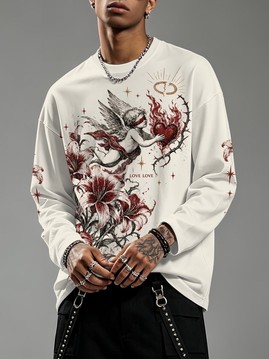 ROMWE MEN Men's Floral Angel Print Loose Crew Neck T-Shirt - Khaki - View 1