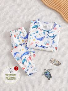 Snug Fit 男童修身長袖長褲睡衣套裝，新品上市，可愛童趣風格，海洋生物圖案印花布料，舒適居家睡衣休閒服 - 藍白色 - 查看 6