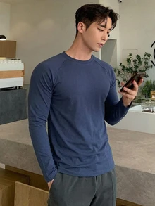 DAZY 春秋款男士海軍藍長袖圓領T恤 - 藏蓝色 - 查看 5