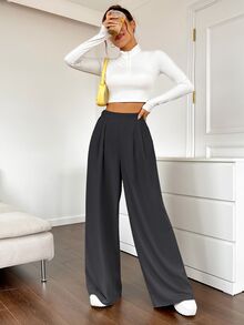 SHEIN EZwear 女款純色高腰百褶寬腿口袋長褲 - 深灰色 - 查看 4