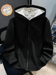 SHEIN 兒童小男孩休閒日常百搭舒適複合抓絨內裡連帽開襟長袖中磅梭織外套，適合學校、花園、海灘、生日，春秋秋冬四季皆宜 - 黑色 - 查看 4