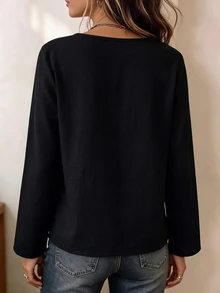 Zayélia Women's Round Neck Pullover Apricot Color Wooden Button Decor Hem Long Sleeve Casual Top Spring Autumn Linen Vacation Commute - Black - View 2