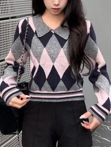 FRIFUL Women's Diamond Pattern Casual Preppy Daily Long Sleeve Sweater Brunch Grey Fall Winter - Grey - View 7
