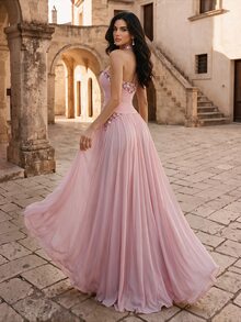 Coutiva Women's Glamorous Sequin Pleated Cinched Waist Halter Neck Formal Evening Gown - Pink - View 2
