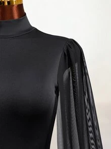 Mistrie Women's Contrast Mesh Bell Sleeve Pleated Fashion Sexy Backless Dress - Black - View 8
