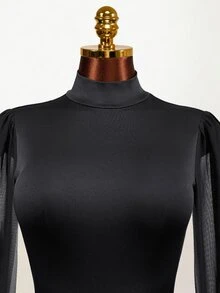 Mistrie Women's Contrast Mesh Bell Sleeve Pleated Fashion Sexy Backless Dress - Black - View 5