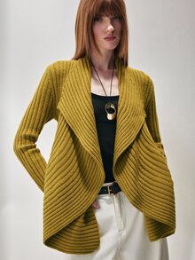SHEIN Women's Knit Cardigan Draped Asymmetrical Ribbed Knit Large Lapel Open Front Elegant Mustard Yellow Solid Fall Sweater Cardigan For Women Thanksgiving - Mustard Yellow - View 6