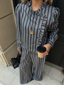Livesso Women's Elegant Striped Long Sleeve Shirt And Pants 2 Pieces Set - Dark Green - View 7