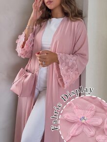 Yasmyna Women Spring Autumn Outfit Gentle Pink 3D Floral Beaded Open Abaya Elegant Flare Sleeve Maxi Cardigan For Family Gathering Engagement Wedding Guest - Pink - View 11