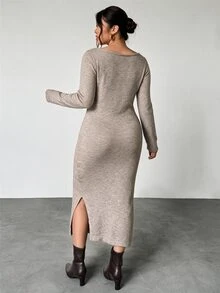 Rosumi Long Fitted Long Sleeve Round Neck Dress - Dusty Purple - View 2