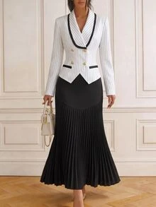 SHEIN Elenzya Women's Striped Button Blazer And Pleated Skirt Suit Set - Black and White - View 4