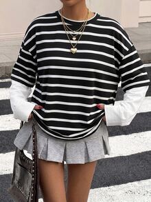SHEIN 青少年女孩春/秋休閒街頭風拼色條紋圓領寬鬆長袖上衣，黑色上衣 - 黑與白 - 查看 4