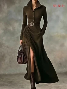 Glimmora Autumn/Winter Women's Fashion Vintage Solid Color Cross High Slit Hem Half-Open Front Button Lapel Long Sleeve Regular Shoulder Long Dress - Green - View 6