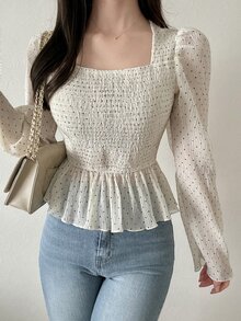 FRIFUL Women's Polka Dot Pleated Casual Versatile Everyday Outing Blouse - White - View 1