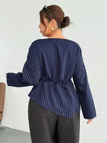 Firerie Kemeja Pullover Lengan Panjang Bergaris Biru & Putih Ukuran Plus dengan Lipatan Pinggang Leher Perahu untuk Musim Gugur/Dingin/Pakaian Kerja - Blue and White - View 2