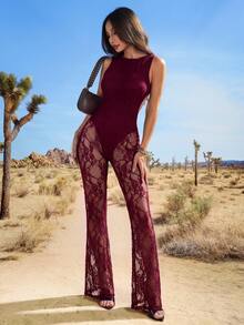 SHEIN EZwear 女款性感露背拼接透視蕾絲喇叭褲腳連身褲 - 酒紅色 - 查看 4