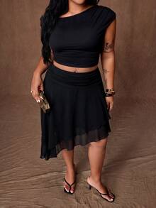 Rustia Plus Size Polka Dot Asymmetrical Hem A-Line Elegant Romantic Skirt - Black - View 5