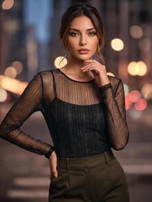 Editum Women's Round Neck Shiny Mesh Long Sleeve Fitted Sexy Top - Black - View 4