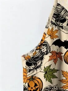 SHEIN VCAY 大尺碼女款杏色南瓜骷髏萬聖節圖案細肩帶背心，趣味幽靈印花蕾絲拼接上衣 - 彩色 - 查看 4