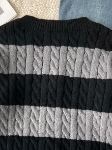 SHEIN Tween Girls' Stripe Contrast Color Twist Rope V-Neck Lantern Sleeve Loose Fit Pullover Sweater, Suitable For Autumn/Winter And Outdoor Wear Fall - Black - View 7