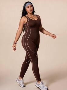 SHEIN Rhythm Era بدلة رياضية نسائية محبوكة بدون درزات مقاس كبير للجيم باللون البني للخريف بتصميم منحنيات بديلة - بني - مشاهدة 5