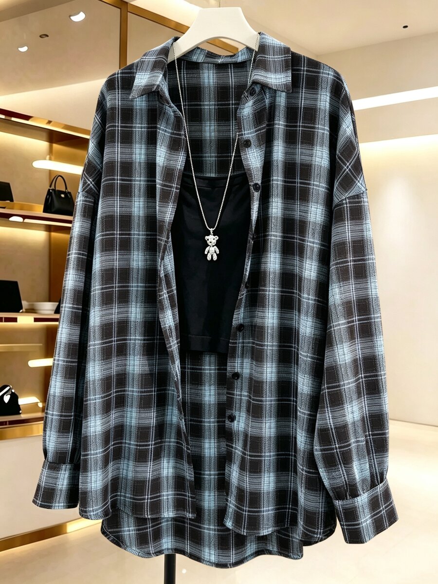 INAWLY 女款格紋單排扣長袖簡約百搭襯衫 - 彩色 - 查看 1