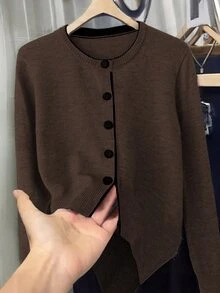 Franclia كارديجان صوف فضفاض برقبة دائرية وتصميم كتل لونية بأسلوب مدونين جديد أوروبي وأمريكي - شوكولاته بني - مشاهدة 1