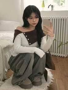 DAZY Women's Colorblock Off-Shoulder Casual Daily Long Sleeve Sweater Fall - White - View 3