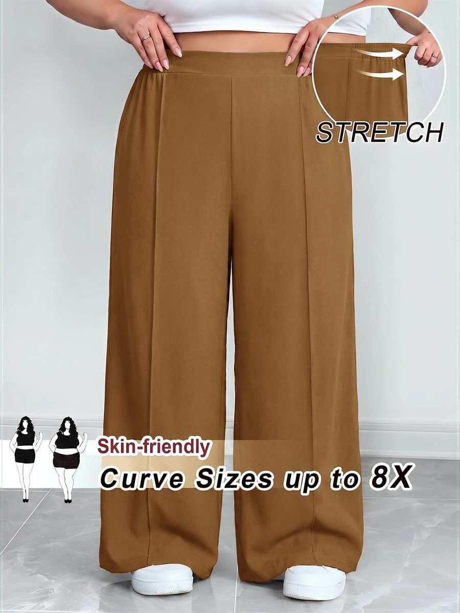 SHEIN CURVE+ 大尺碼女款純色百褶褲,黑色寬鬆寬腿褲,Curve Plus,波希米亞度假風 - 卡其色 - 查看 1
