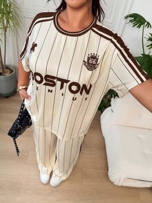 SHEIN EZwear 杏色休閒大尺碼字母條紋短袖T恤與長褲套裝 - 杏色 - 查看 3