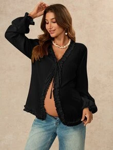 Boho Mama Maternity V-Neck Casual Everyday Outing Blouse - Black - View 5