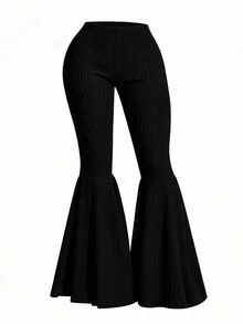 Rometta Plus Size High Elasticity Ribbed Slim Fit Flare Pants - Black - View 4