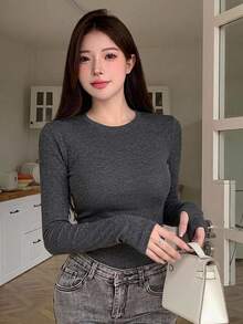 DAZY 女款純色修身百搭日常休閒T恤 - 灰色 - 查看 6