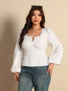 Elaquor Plus Size Elegant Lace Patchwork Pleated Tie-Front Blouse - White - View 6