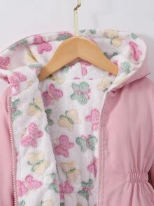SHEIN 1件女童2025冬季新款復古卡其色花卉保暖內裡拉鍊連帽衛衣，彈性腰頭，厚實保暖時尚戶外通勤百搭外套 - 彩色 - 查看 5