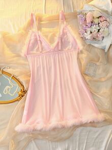 DelicateAllure Plus Size Women Solid Color Patchwork Fur Sexy Camisole Nightgown - Pink - View 2
