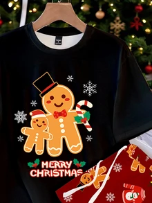 Sorvial Herrarnas loungemysset med pepparkaksgubbe-tryck, kortärmad topp och byxor, lämpligt för familjesammankomster, pojkvänngåva, jul - Multifärgad - Visa 4