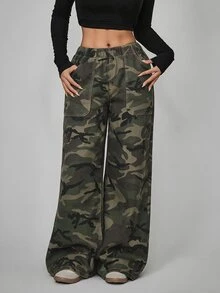 StreetHx Plus Size Fashion Camouflage Print Pocket Loose Fit Denim Jeans - Multicolor - View 3