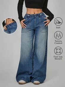 SHEIN Tall CURVE Plus Size Women's Elastic Waist Pocket Wide Leg Loose Casual Denim Jeans - Blue - View 1