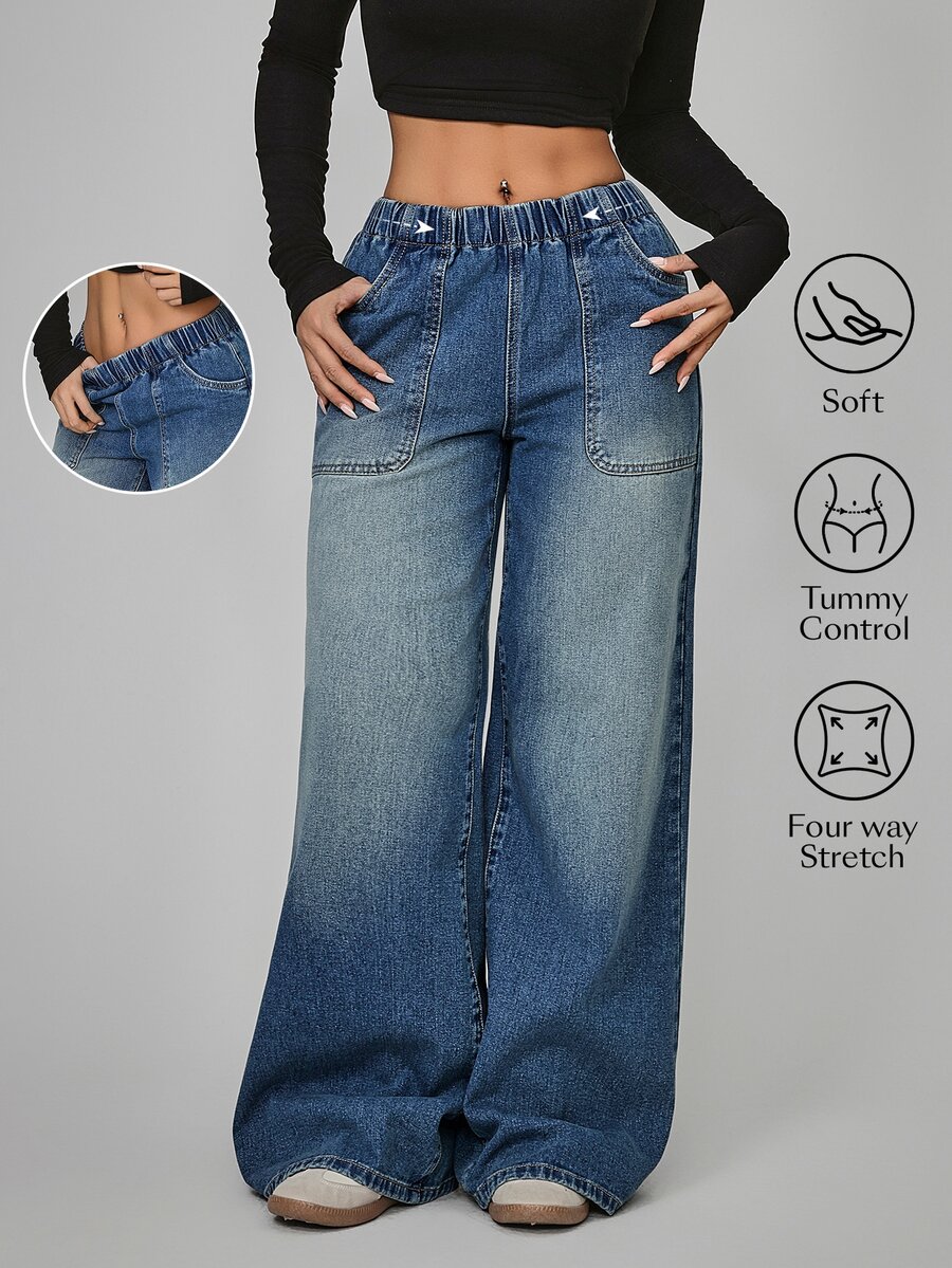 SHEIN Tall CURVE Plus Size Women's Elastic Waist Pocket Wide Leg Loose Casual Denim Jeans - Blue - View 1