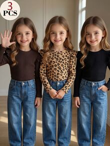 SHEIN 3件組女童幼兒秋冬時尚嬰兒粉 + 經典純黑色荷葉袖圓領長袖基礎層T恤返校上衣 - 彩色 - 查看 5