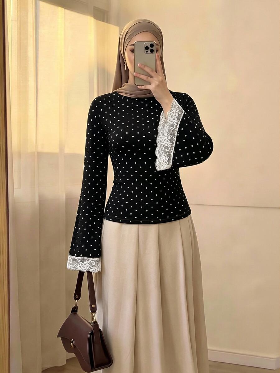 Celisse Polka Dot Print Flared Sleeve Contrast Color Lace Patchwork Elegant Autumn/Winter Women's T-Shirt - Black - View 1