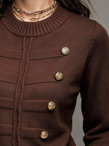 Omancia Autumn/Winter Napoleon Style Metal Button Round Neck Long Sleeve Pullover Earth Tone Brown/Coffee Knit Top, Versatile Base Layer/Outerwear For Women - Coffee Brown - View 4