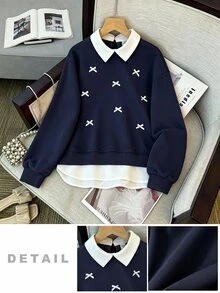 SHEIN 青少年女孩襯衫領拼接蝴蝶結裝飾套頭長袖鬆緊運動衫，秋冬可愛素色上衣 - 藏蓝色 - 查看 3